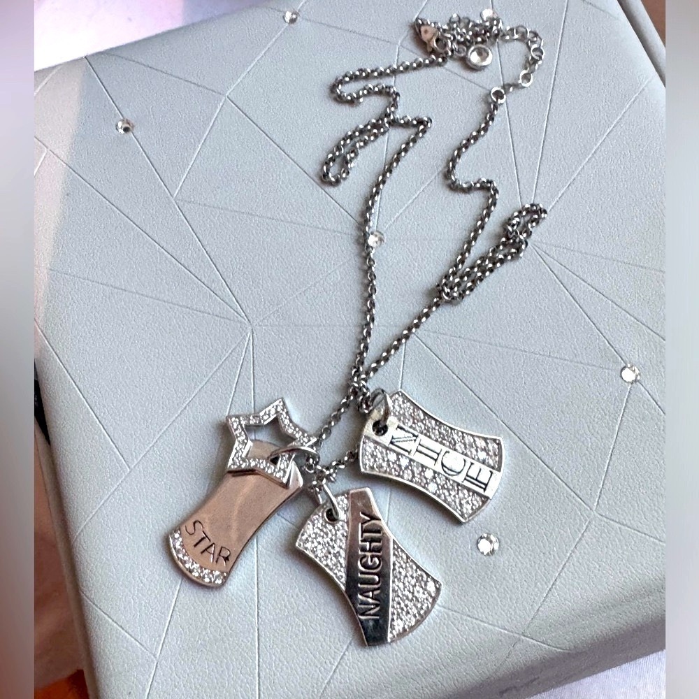 ✨💎 Edgy 925 Sterling Silver “Nice, Naughty & Star” Crystal Dog Tag Necklace 💎✨